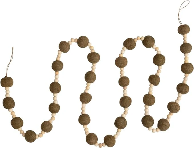 72"L Wool Felt Ball Garland with Wood Beads - Image 3