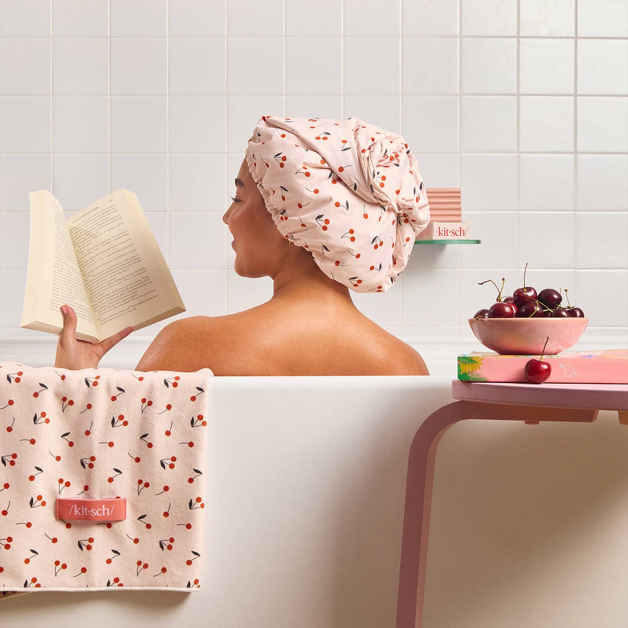 KITSCH - Satin-Lined Flexi Shower Cap - Cherry Print - Image 3